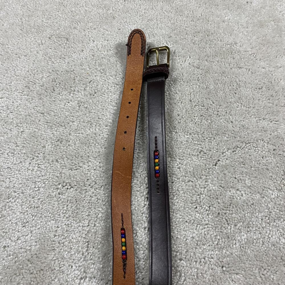 NY&CO Leather Belt Womens L Brown Beaded Boho Western Brass Buckle Indie Cowgirl